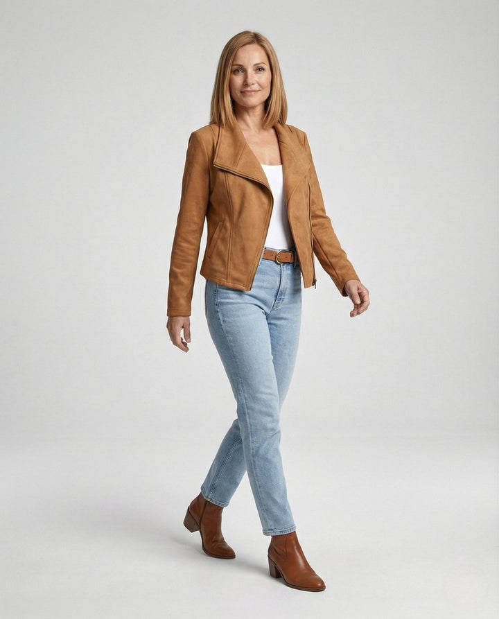 Women's Suede-Look Asymmetric-Zip Biker Leather Jacket