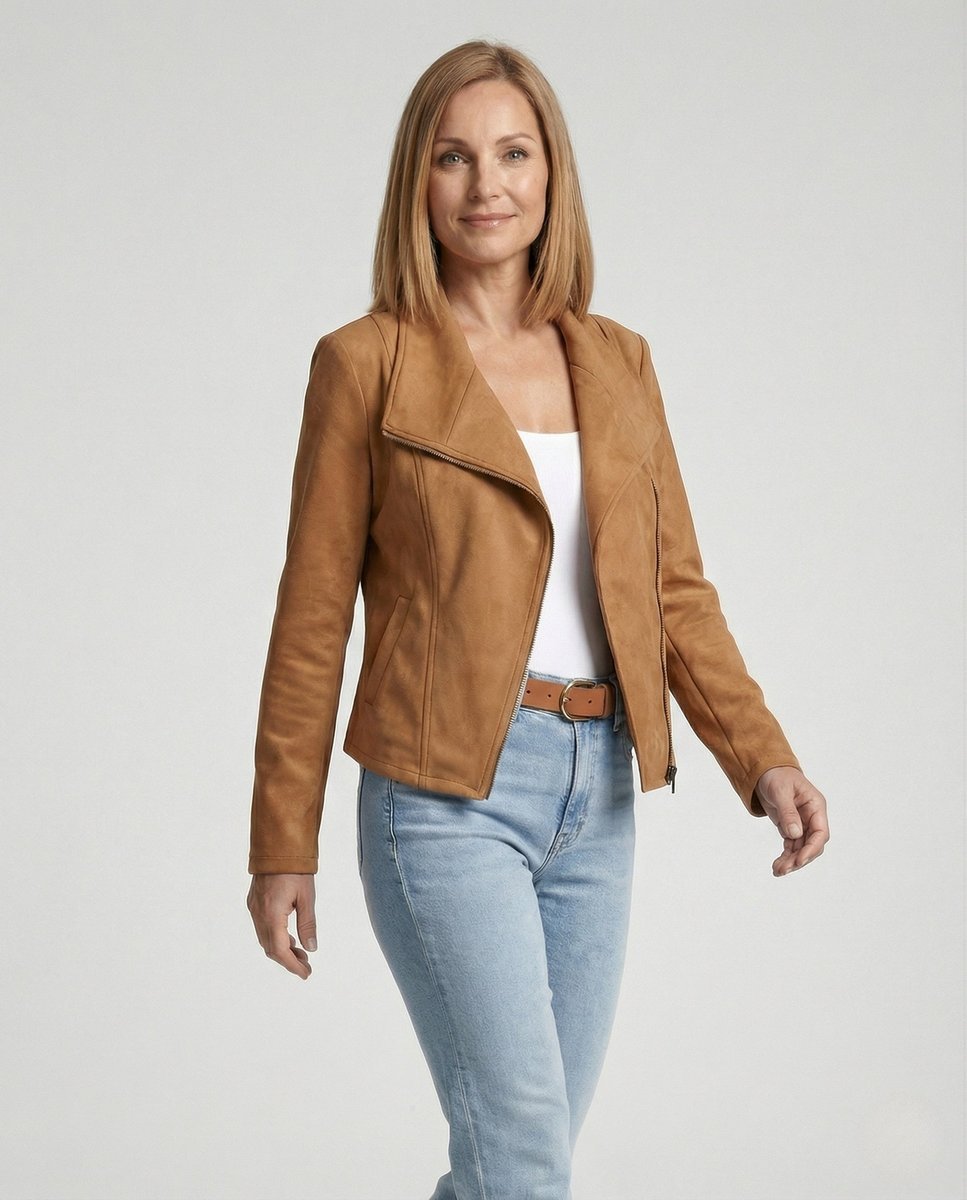 Women's Suede-Look Asymmetric-Zip Biker Leather Jacket