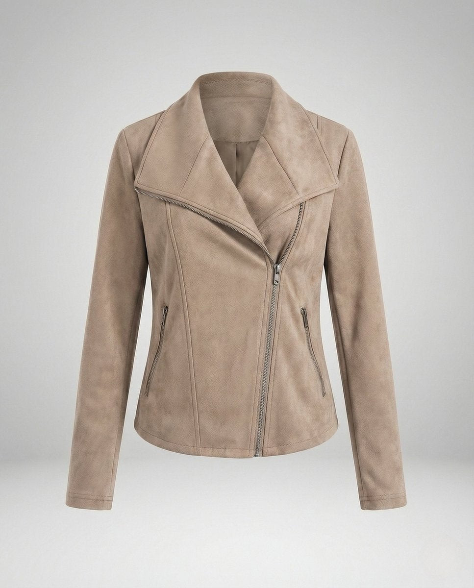 Women's Suede-Look Asymmetric-Zip Biker Leather Jacket - Apricot