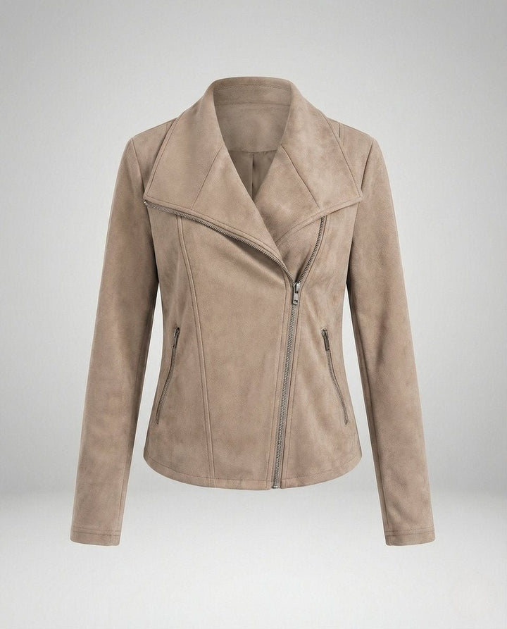 Women's Suede-Look Asymmetric-Zip Biker Leather Jacket - Apricot