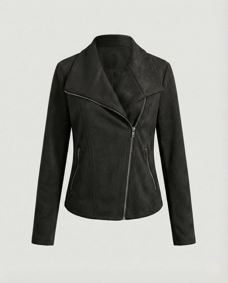 Women's Suede-Look Asymmetric-Zip Biker Leather Jacket - Black