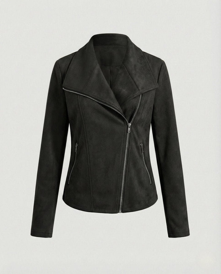 Women's Suede-Look Asymmetric-Zip Biker Leather Jacket - Black