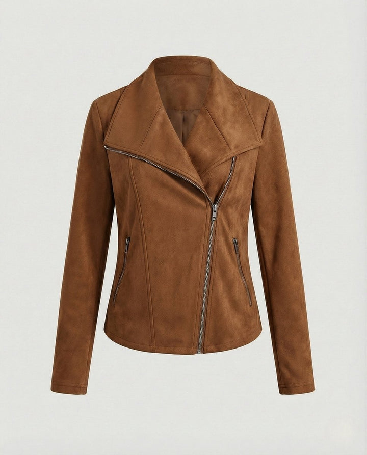 Women's Suede-Look Asymmetric-Zip Biker Leather Jacket - Camel