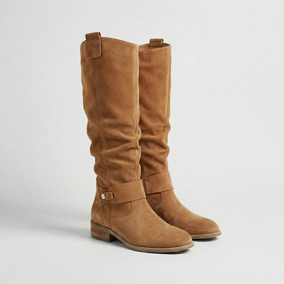Women's Suede Look Low Heel Knee-High Slouch Ankle Boots - Light Brown