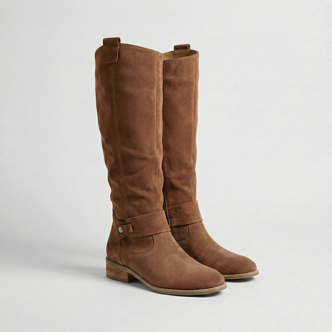 Women's Suede Look Low Heel Knee-High Slouch Ankle Boots - Brown