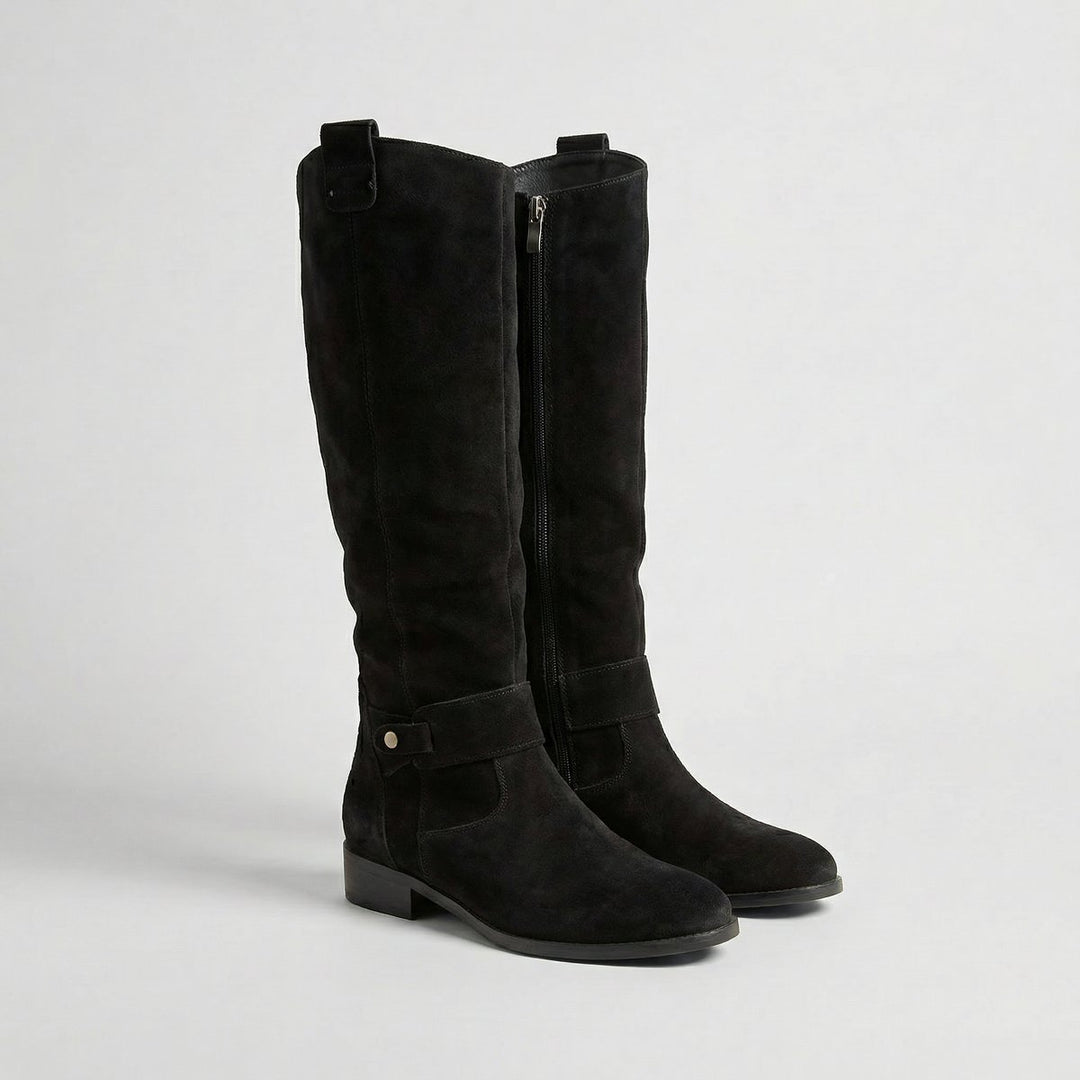 Women's Suede Look Low Heel Knee-High Slouch Ankle Boots - Black