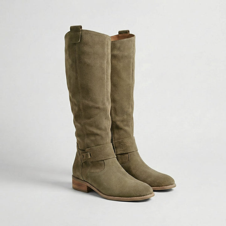 Women's Suede Look Low Heel Knee-High Slouch Ankle Boots - Green