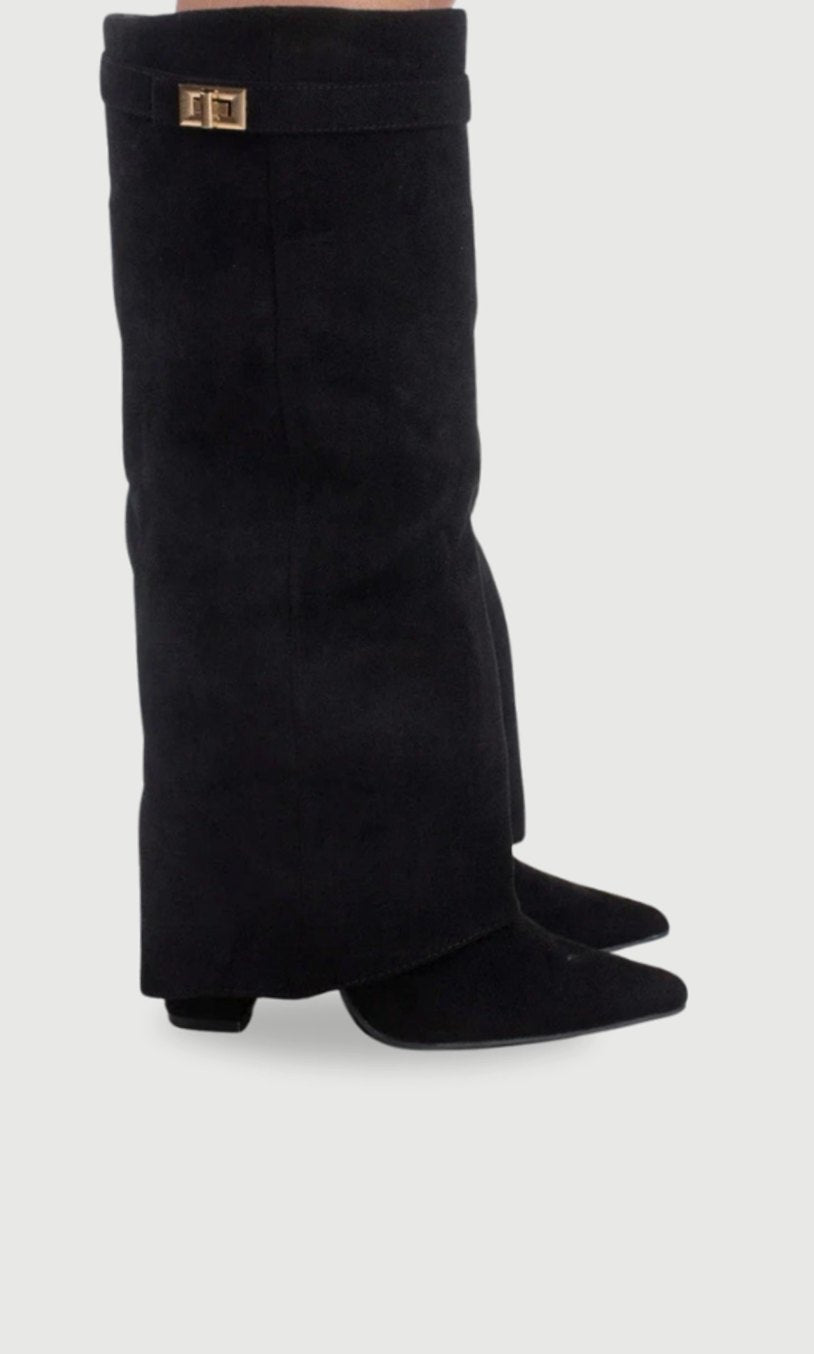 Women's Suede Pointed-Toe Buckle Thigh-High Boots