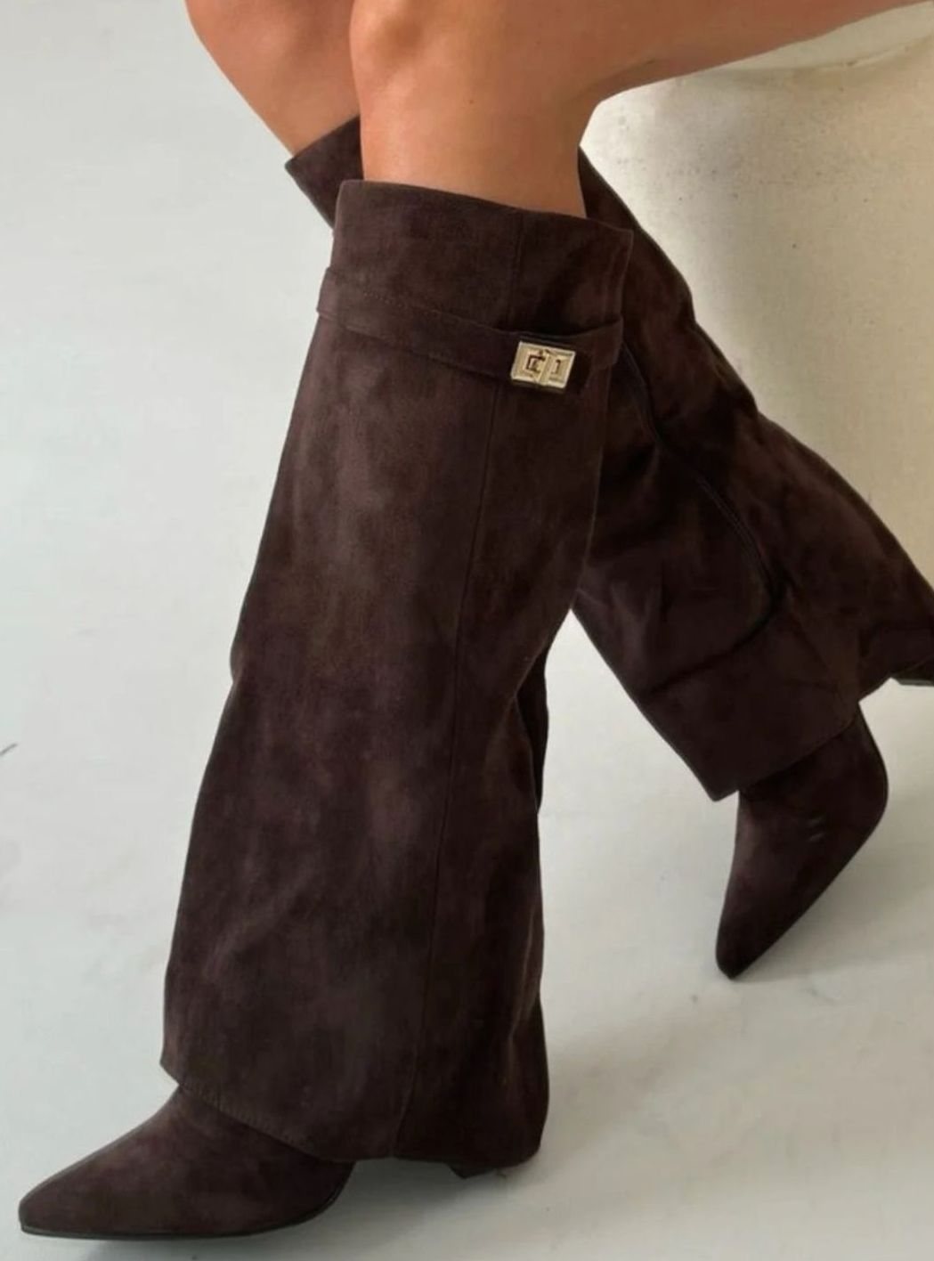 Women's Suede Pointed-Toe Buckle Thigh-High Boots - Brown Suede