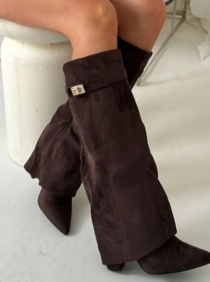 Women's Suede Pointed-Toe Buckle Thigh-High Boots