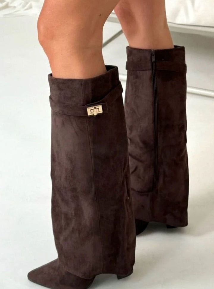 Women's Suede Pointed-Toe Buckle Thigh-High Boots