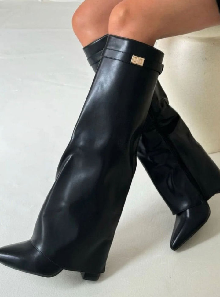 Women's Suede Pointed-Toe Buckle Thigh-High Boots - Black