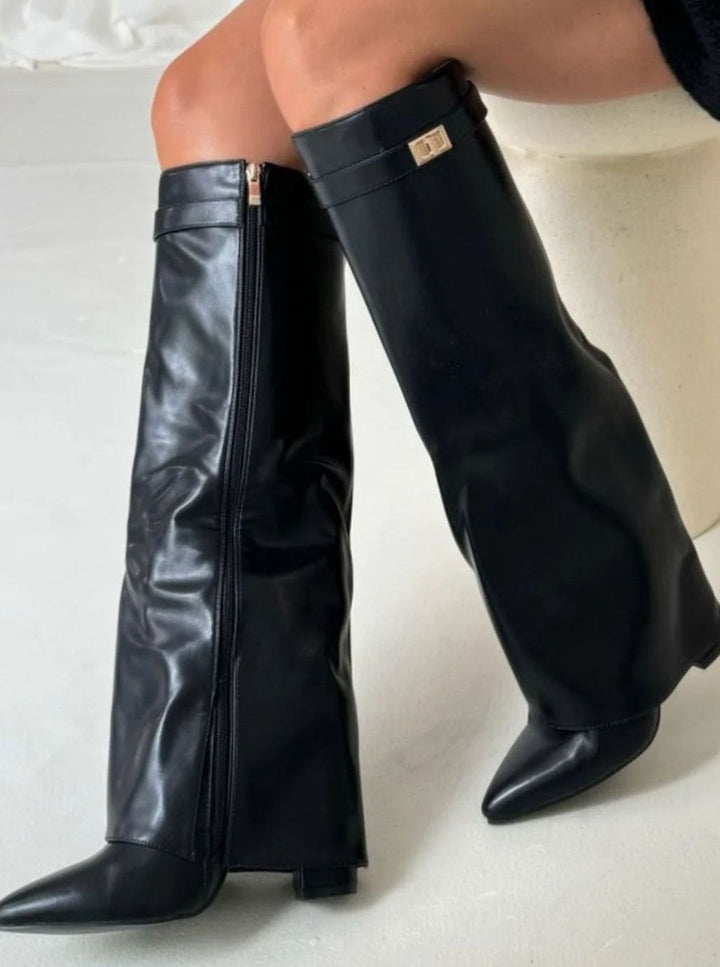 Women's Suede Pointed-Toe Buckle Thigh-High Boots