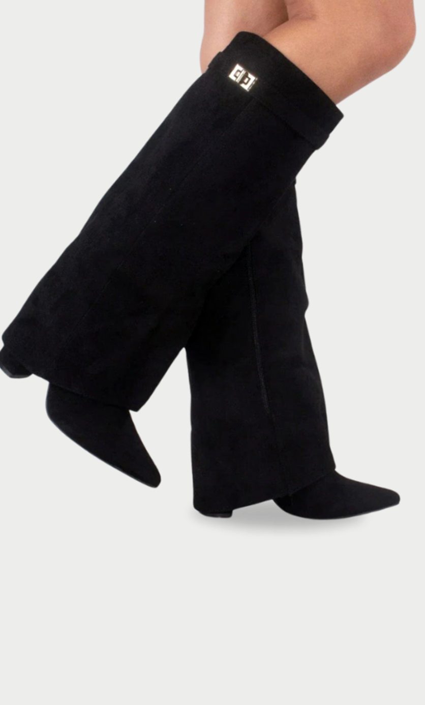 Women's Suede Pointed-Toe Buckle Thigh-High Boots - Black Suede