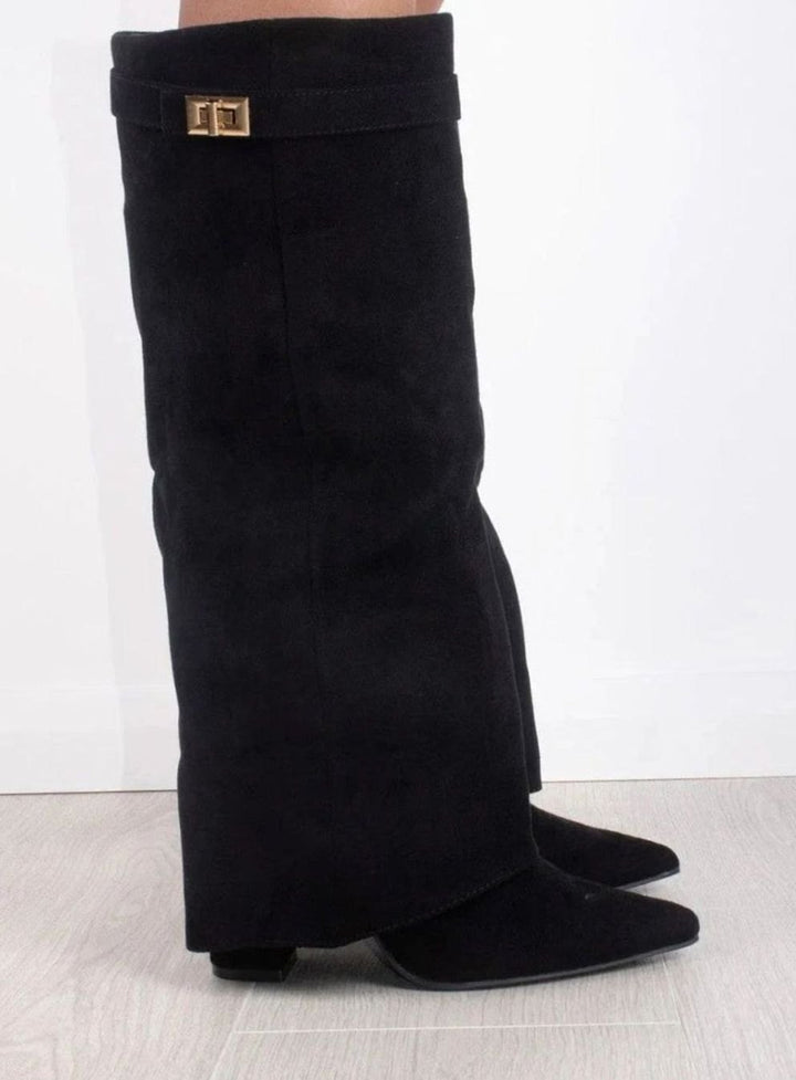 Women's Suede Pointed-Toe Buckle Thigh-High Boots