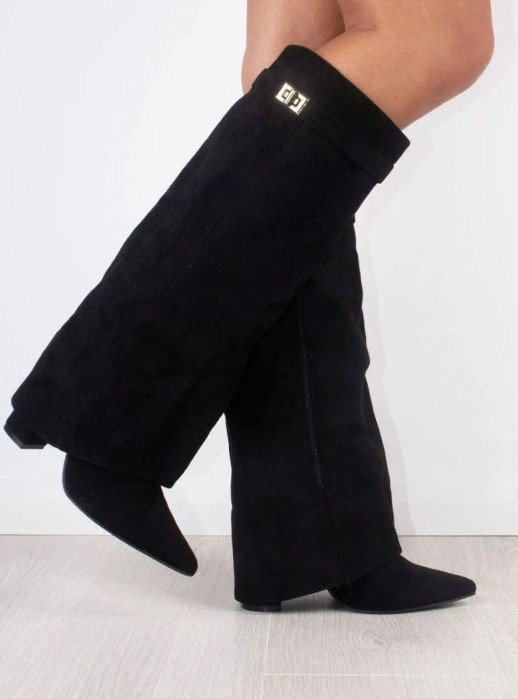 Women's Suede Pointed-Toe Buckle Thigh-High Boots