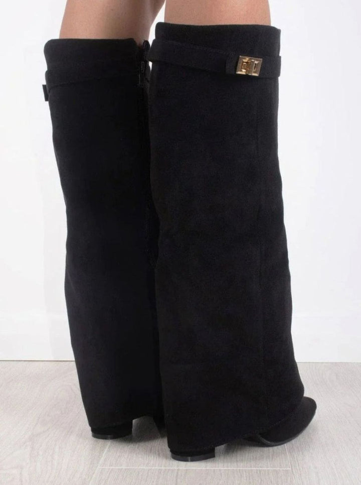 Women's Suede Pointed-Toe Buckle Thigh-High Boots
