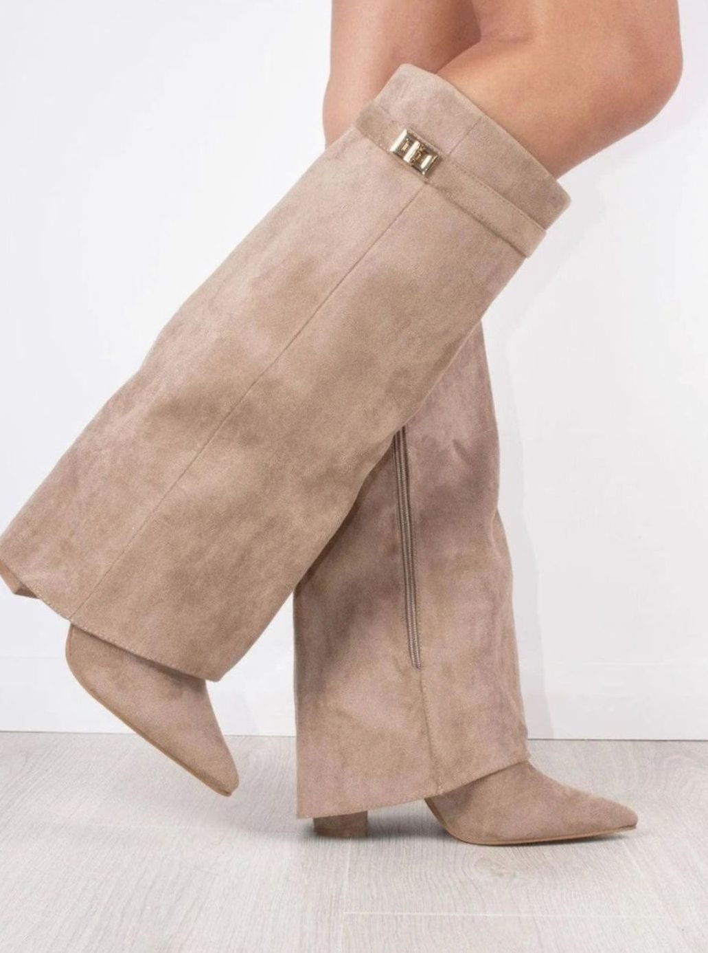 Women's Suede Pointed-Toe Buckle Thigh-High Boots - Beige Suede