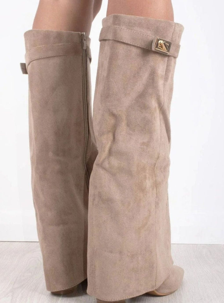 Women's Suede Pointed-Toe Buckle Thigh-High Boots