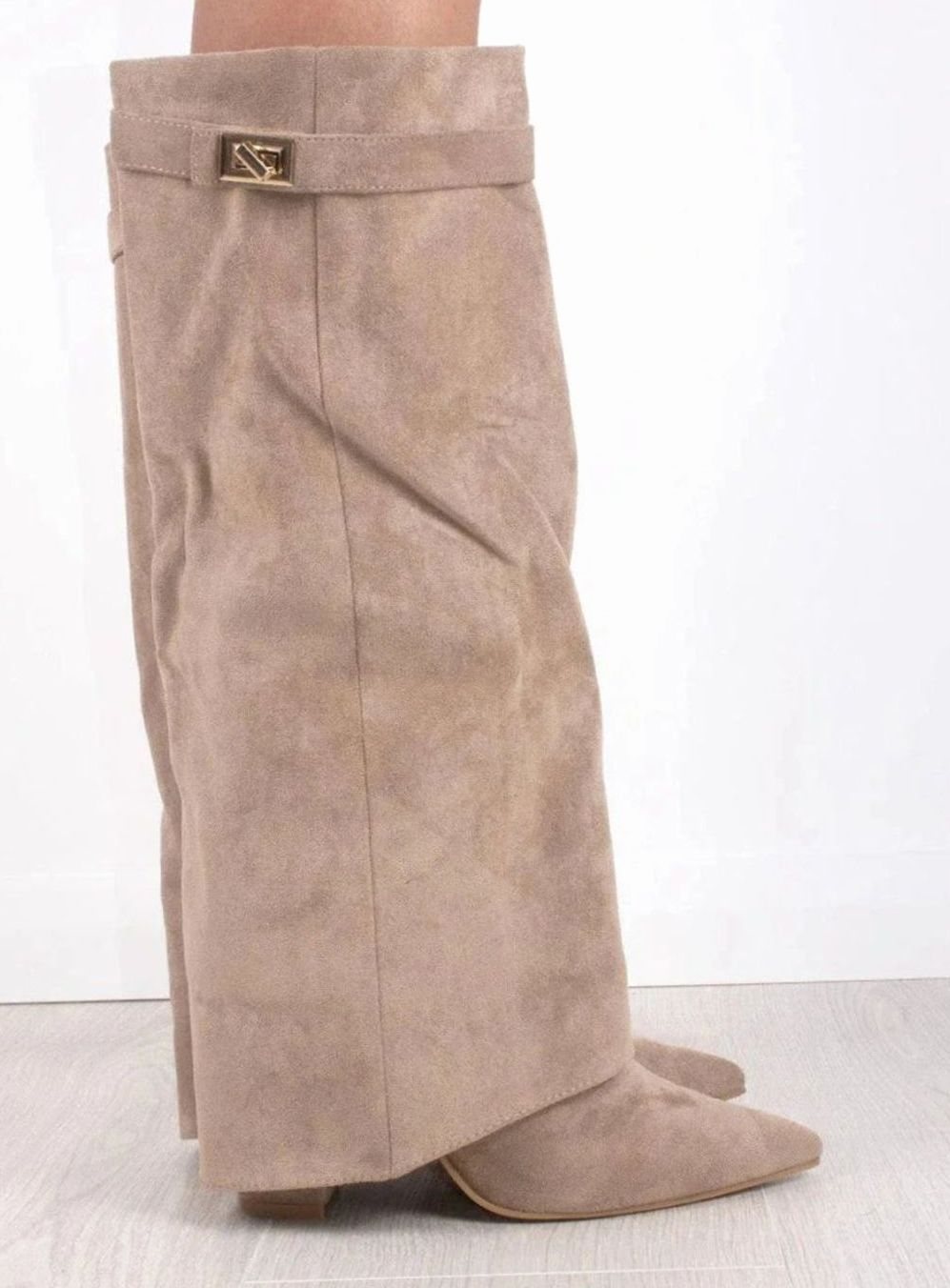 Women's Suede Pointed-Toe Buckle Thigh-High Boots