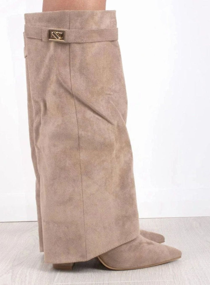 Women's Suede Pointed-Toe Buckle Thigh-High Boots