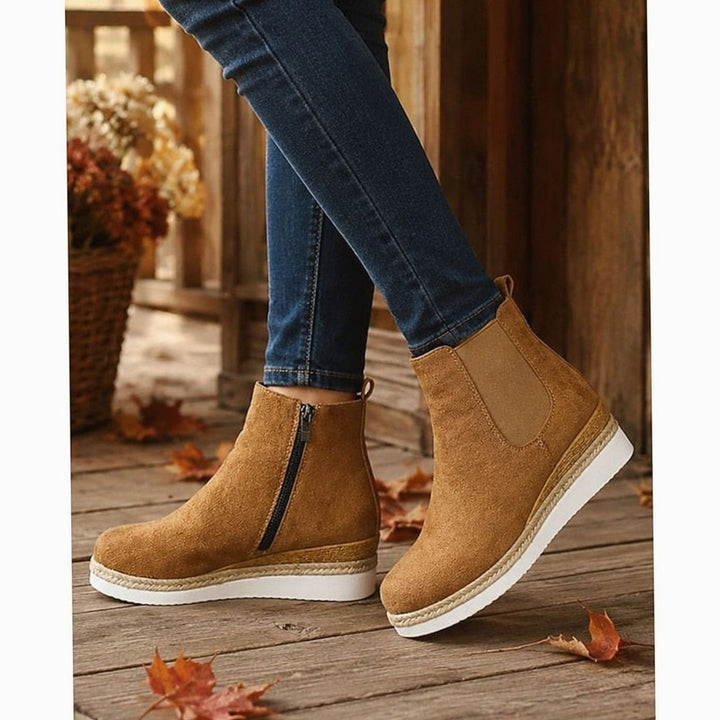 Women's Suede Wedge Ankle Boots Zipper Side-Panel Booties