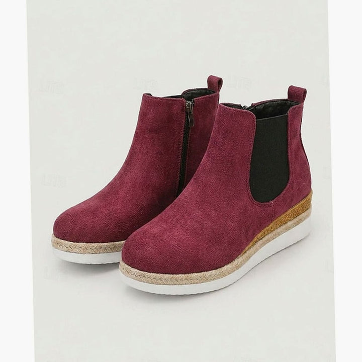 Women's Suede Wedge Ankle Boots Zipper Side-Panel Booties - Burgundy