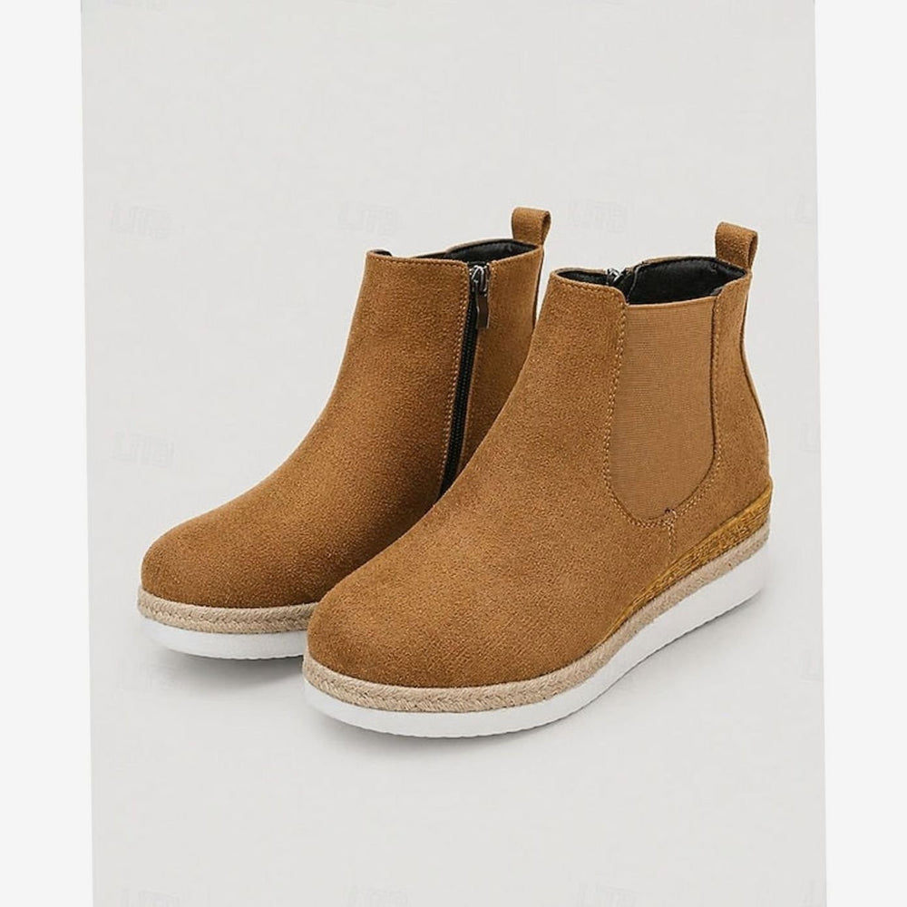 Women's Suede Wedge Ankle Boots Zipper Side-Panel Booties - Brown