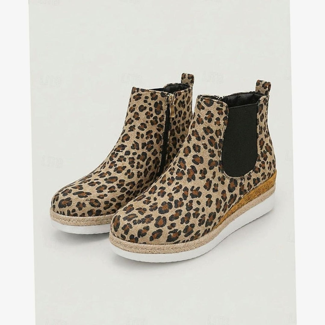 Women's Suede Wedge Ankle Boots Zipper Side-Panel Booties - Leopard