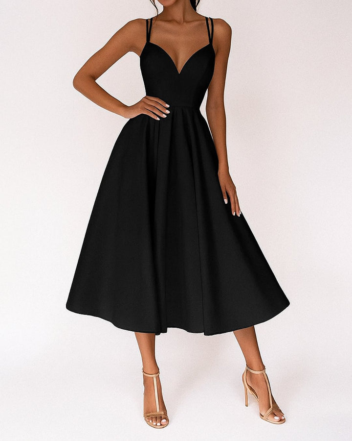 Women's Sweetheart Spaghetti Strap A-Line Midi Wedding Guest Dress - Zwart