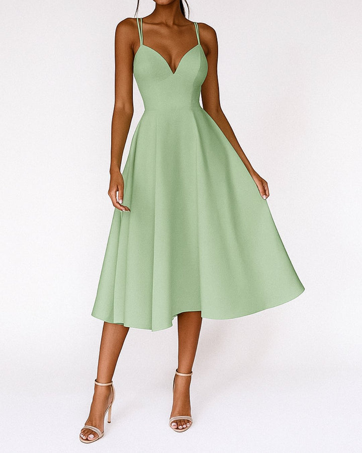 Women's Sweetheart Spaghetti Strap A-Line Midi Wedding Guest Dress - Groen