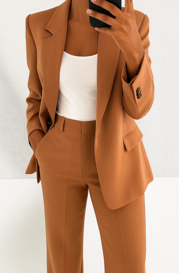 Women's Tailored Blazer Pants Suit Set - Brown