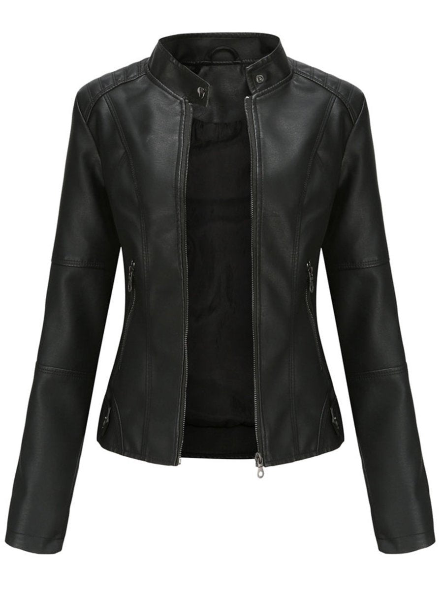 Women's Tailored Faux Leather Biker Jacket Zip-Up Moto Style - Black