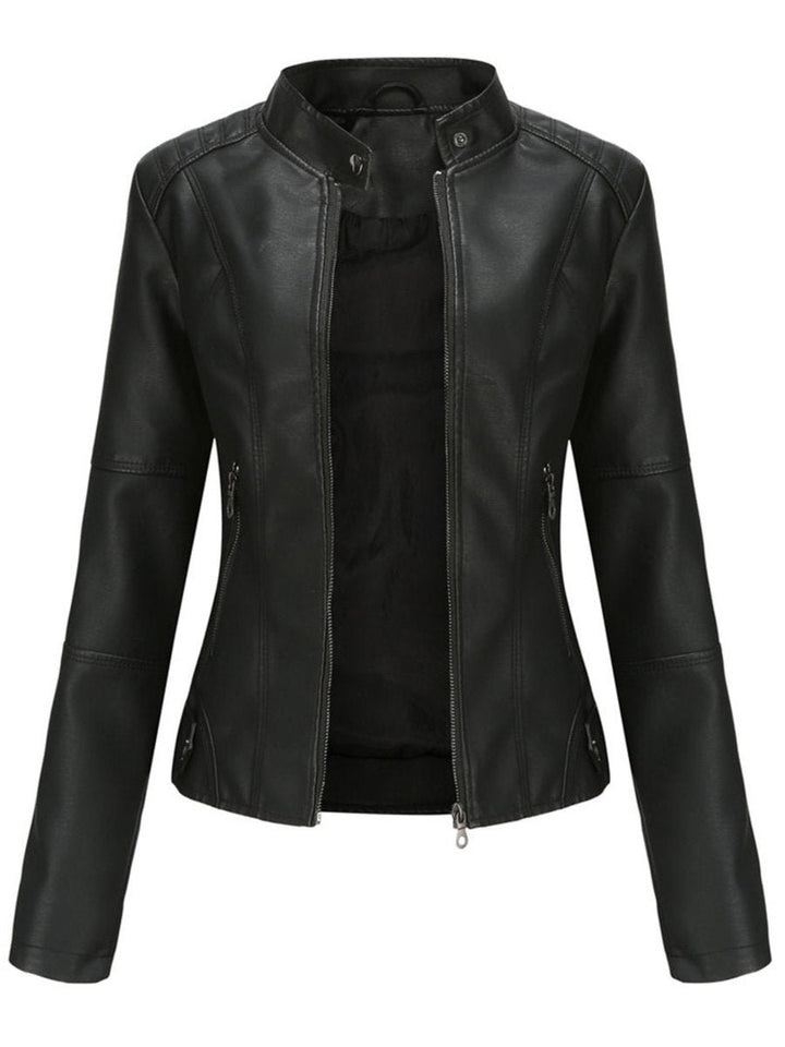 Women's Tailored Faux Leather Biker Jacket Zip-Up Moto Style - Black