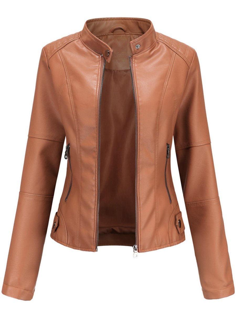 Women's Tailored Faux Leather Biker Jacket Zip-Up Moto Style - Brown
