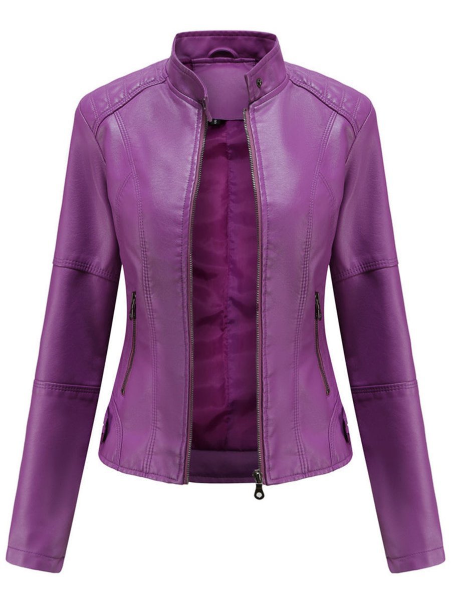 Women's Tailored Faux Leather Biker Jacket Zip-Up Moto Style - Lilac