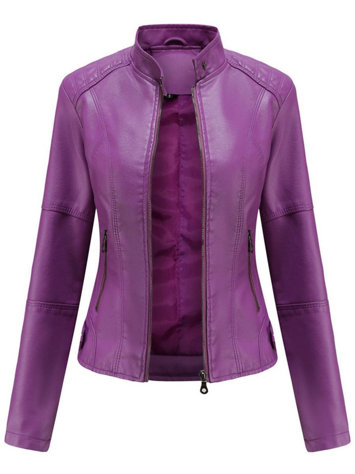 Women's Tailored Faux Leather Biker Jacket Zip-Up Moto Style - Lilac
