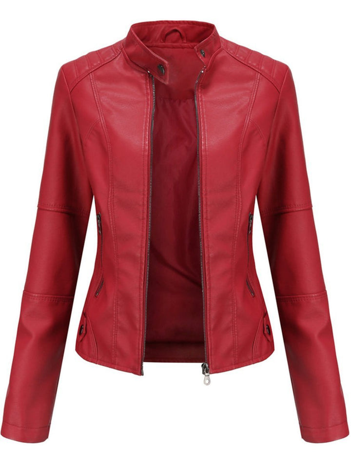 Women's Tailored Faux Leather Biker Jacket Zip-Up Moto Style - Red