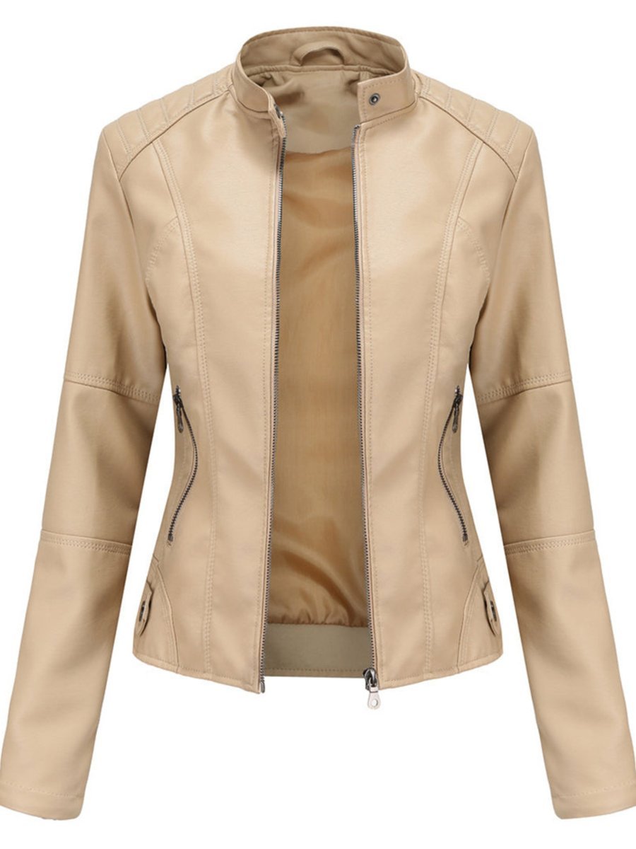 Women's Tailored Faux Leather Biker Jacket Zip-Up Moto Style - Beige
