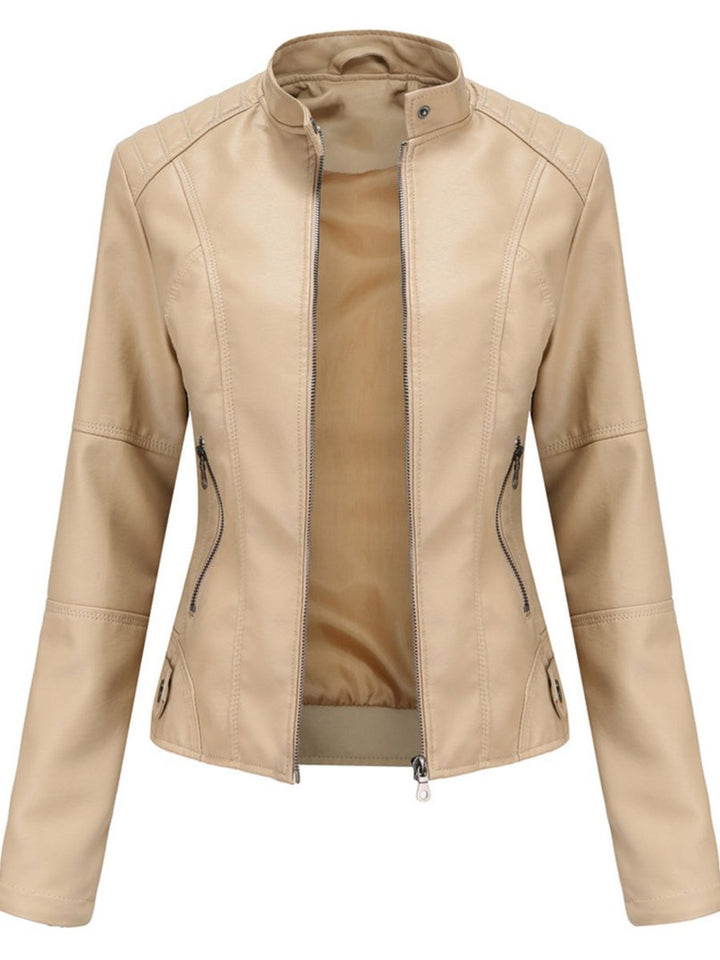 Women's Tailored Faux Leather Biker Jacket Zip-Up Moto Style - Beige