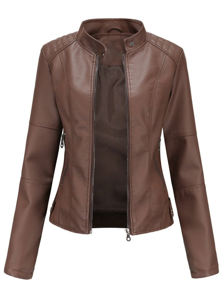Women's Tailored Faux Leather Biker Jacket Zip-Up Moto Style - Dark Brown