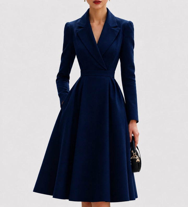 Women's Tailored Long-Sleeve A-Line Formal Dress Coat - Navy Blue