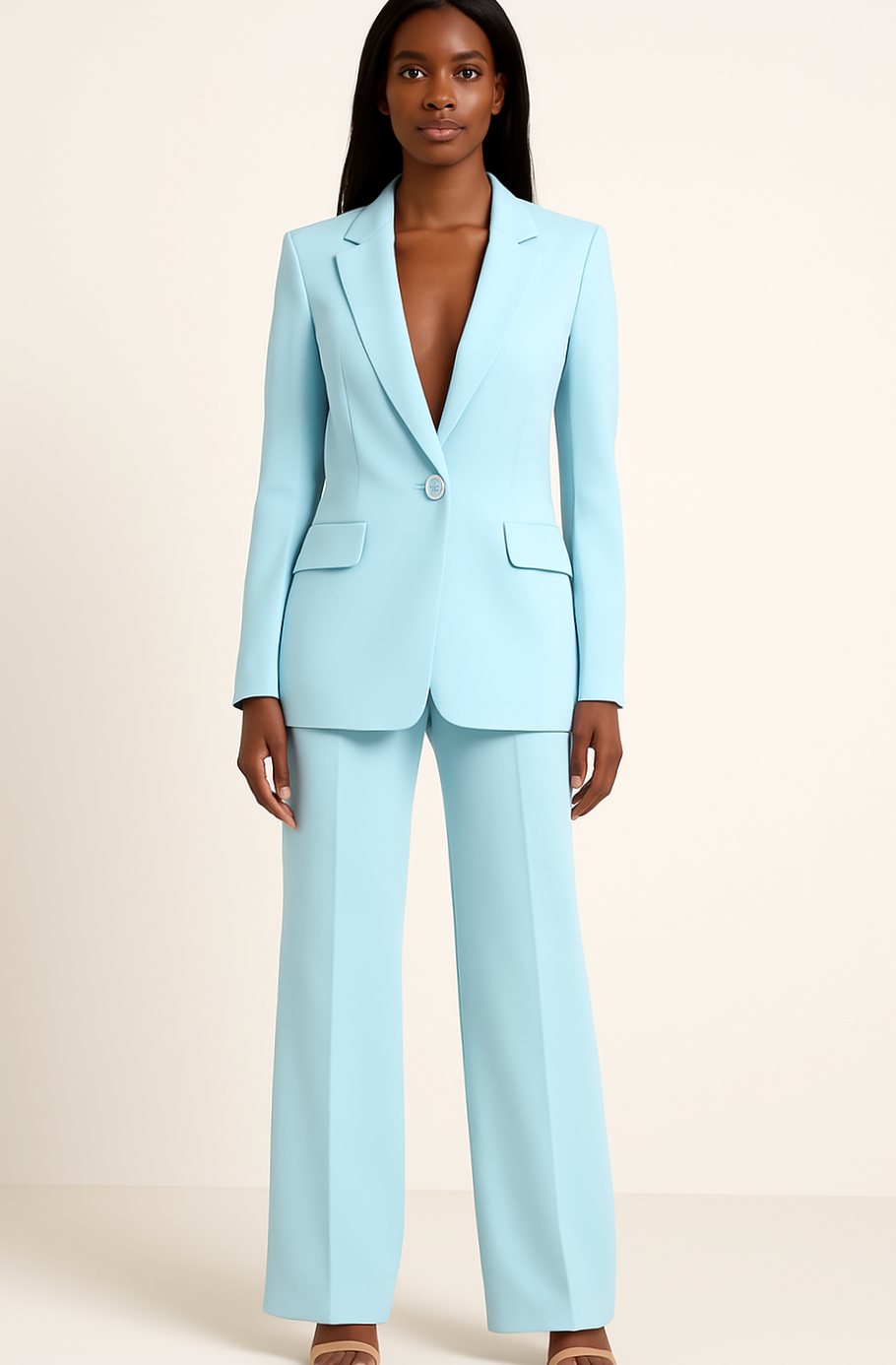 Women's Tailored Single-Button Wide-Leg Blazer Suit Set - Turquoise