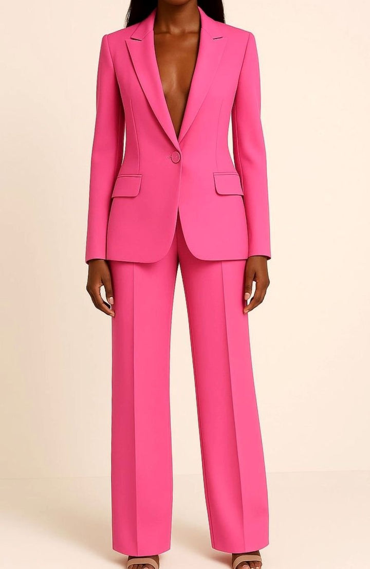 Women's Tailored Single-Button Wide-Leg Blazer Suit Set - Pink