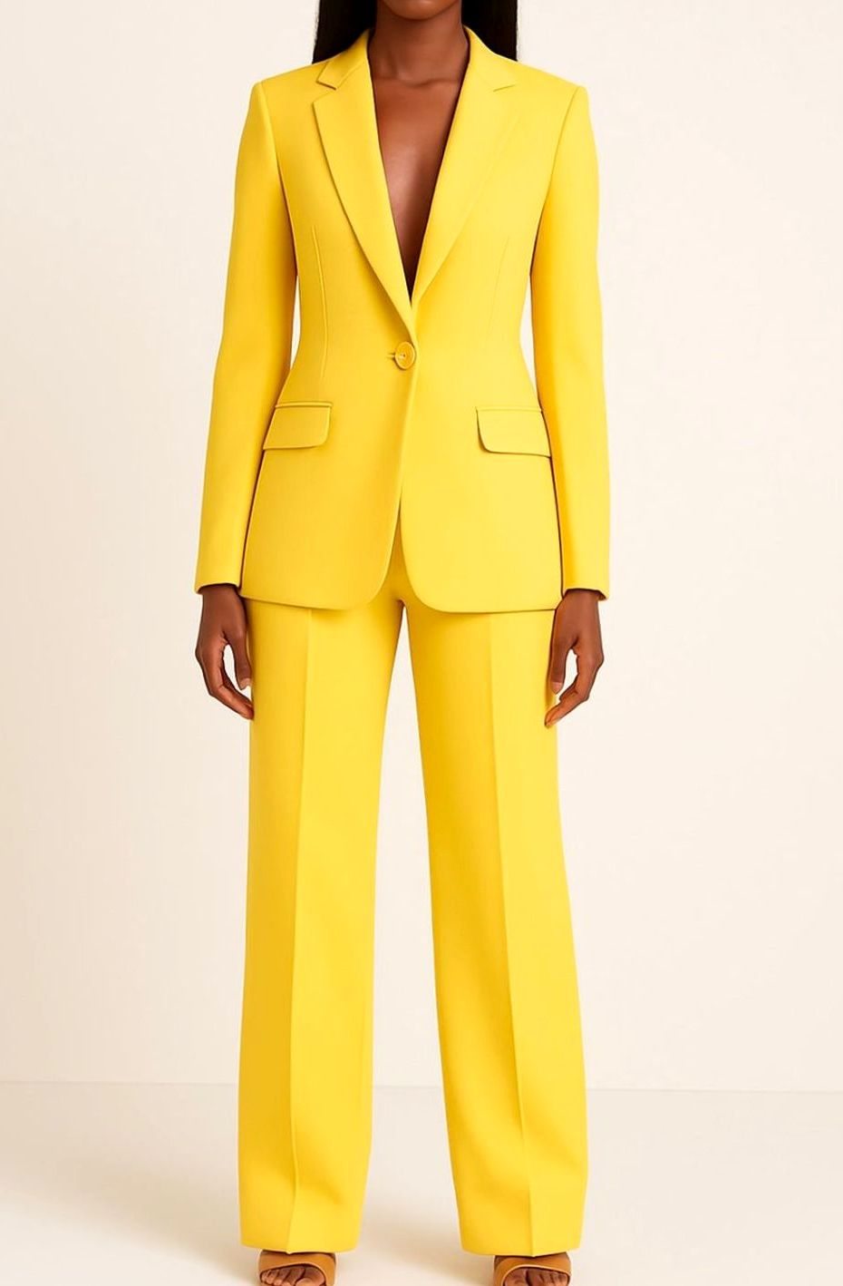 Women's Tailored Single-Button Wide-Leg Blazer Suit Set - Yellow