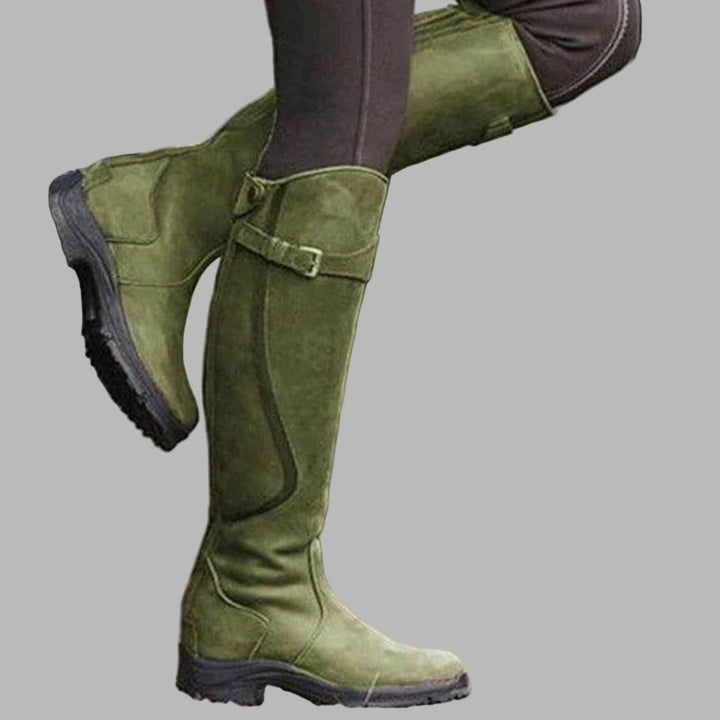Women's Tall Leather Knee-High Buckle Strap Hiking Boots - Green