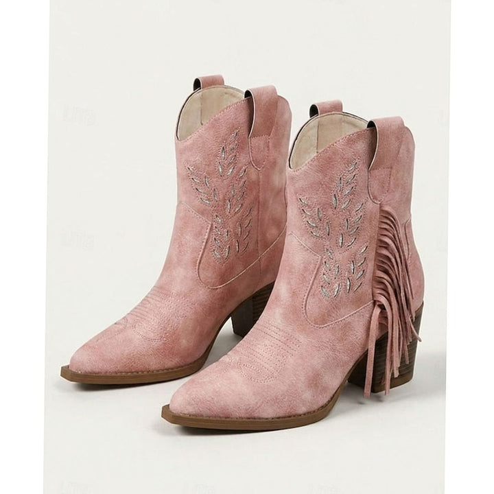 Women's Tasseled Western Cowboy Ankle Boots Block Heel - Pink