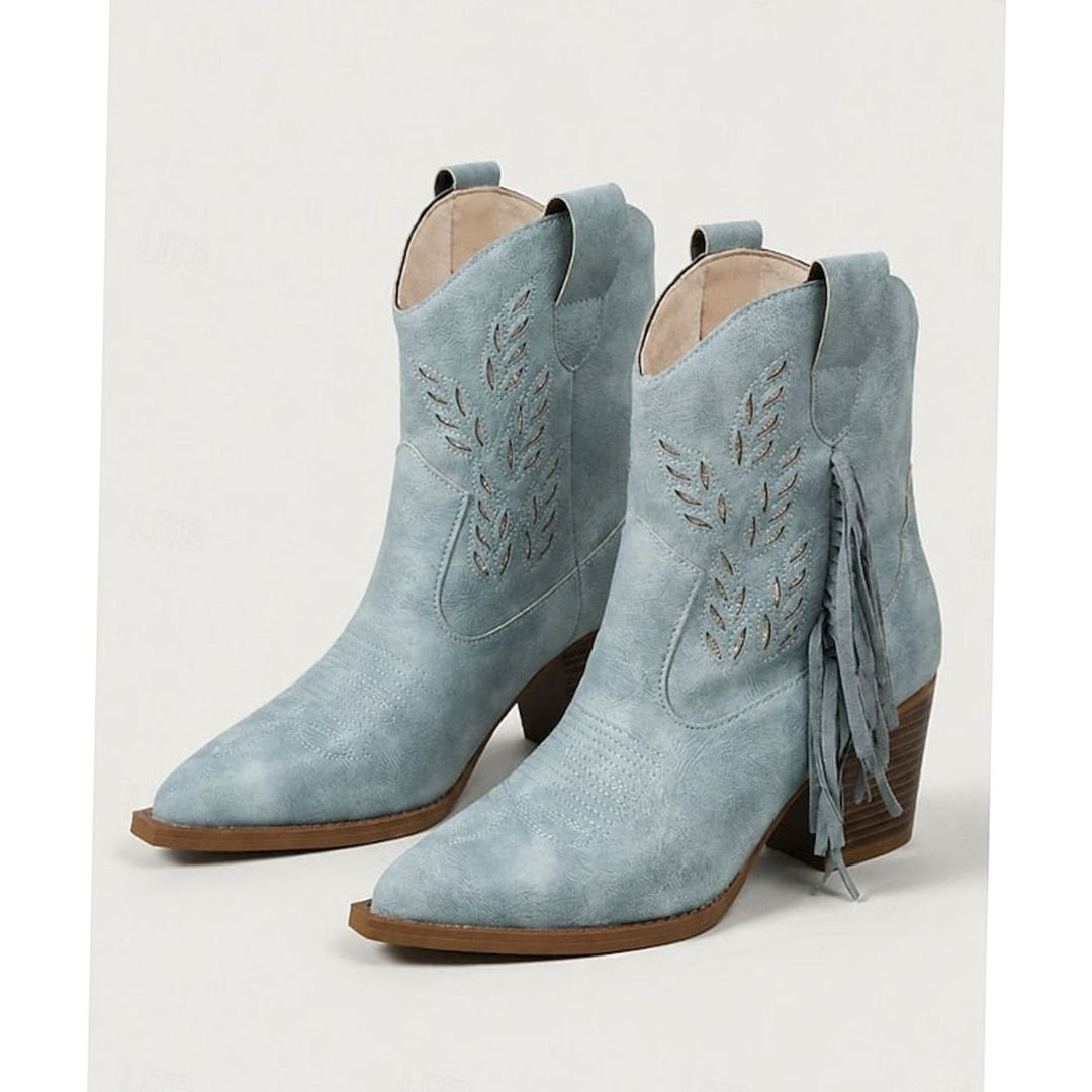 Women's Tasseled Western Cowboy Ankle Boots Block Heel - Blue