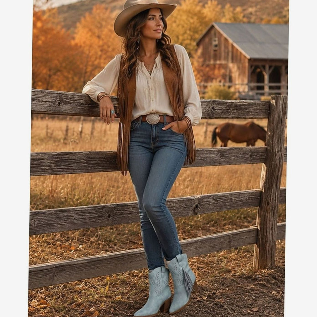 Women's Tasseled Western Cowboy Ankle Boots Block Heel