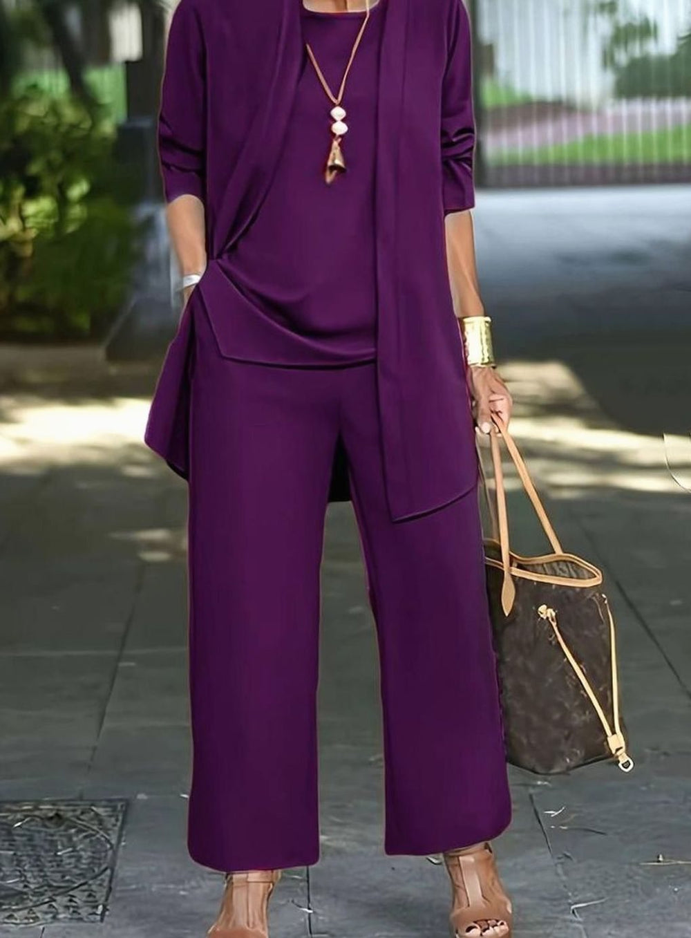 Women's Three-Piece Relaxed Wide-Leg Outfit Set - Purple